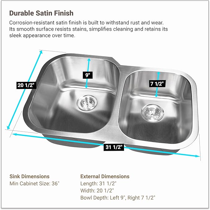 MSI 31 inch Undermount 60/40 Double Bowl 18 Gauge Stainless Steel Kitchen Sink and Strainer