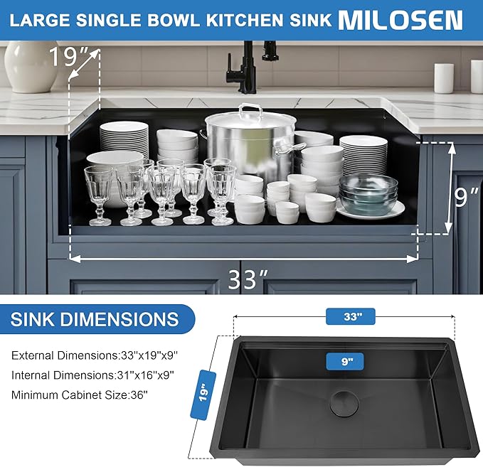 MILOSEN 33 Inch Black Undermount Kitchen Sink, 33" x 19" Black Stainless Steel Sinks, Single Bowl Workstation Sink with Custom Accessories, Handmade Under Counter Design, 9'' Depth Large Kitchen Sinks