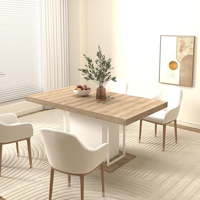 63" - 79" Extendable Dining Room Table, Expandable Kitchen Table for 6 to 10 People, Modern Wood Conference Table, Large Farmhouse Dining Table(White Oak)