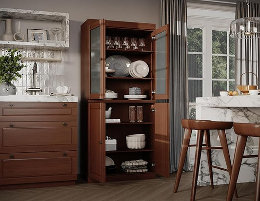 Palace Imports Solid Wood Kitchen Pantry w/Frosted Glass & Wooden Doors and Adjustable Shelves, Mocha, 32" w x 71.5" h, 100% Renewable Eco-Friendly Wood, Made in Brazil
