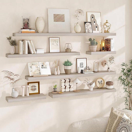 Fun Memories 55 Inch Fireplace Mantel - Long Floating Shelf, Wall Mounted Farmhouse Display with Invisible Heavy Duty Metal Bracket, 2 Pack, Grey