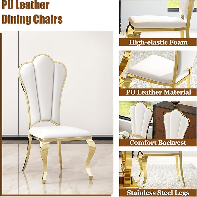 7-Piece Modern Luxury Dining Table Set, 70" Black Tempered Glass Kitchen Table with Gold Polished Stainless Steel U-Shaped Pedestal Base and 6 White Upholstered High-Back Side Chairs for Dining Room