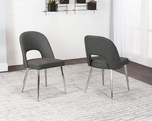Sunset Trading Mia Faux Leather Dining Chair | Polished Chrome Silver Tapered Legs | Charcoal Gray Padded Seat with Arched Open Back | Set of 2 | Contemporary, Mid-Century Modern Kitchen Sidechairs