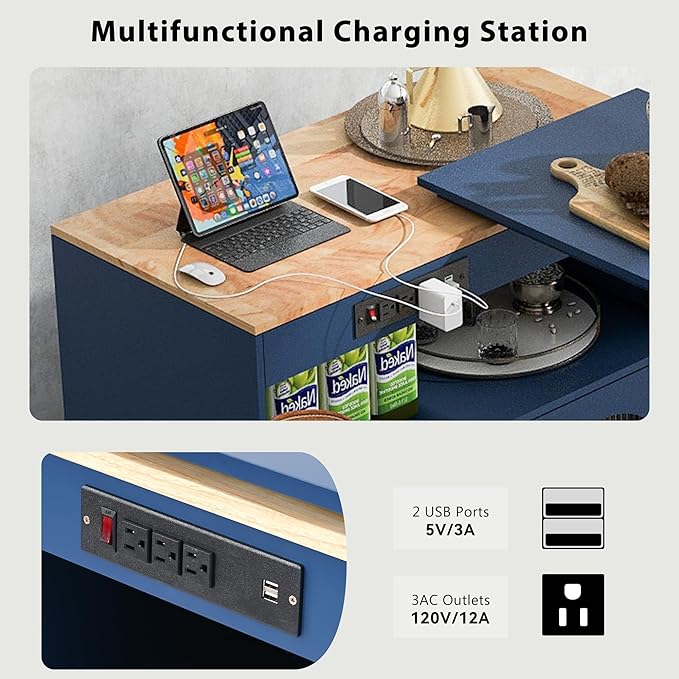 Modern Dining Table Kitchen Island on Wheels with Extended Adjustable Sturdy Stable Easy Clean Luxury Counter Console Decor Living,Blue-MDF