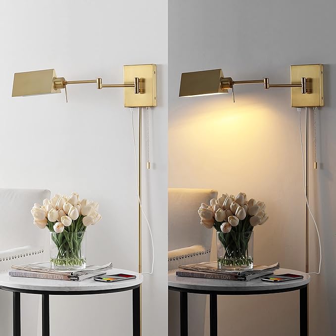 JONATHAN Y 22" Brass Gold Swing Arm Wall Sconce, Plug-in or Hardwired with USB Charging Port and Pull Chain, Iron Shade, Industrial LED Reading Lamp (JYL6015B)