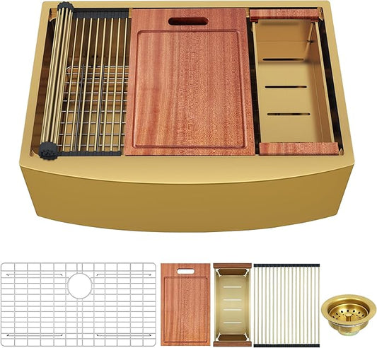HEARCATE 30 Inch Luxury Gold Farmhouse Sink 16 Gauge Stainless Steel Workstation Undermount Apron Front Gold Kitchen Sink 10 Inch Deep Single Bowl Farm Sink