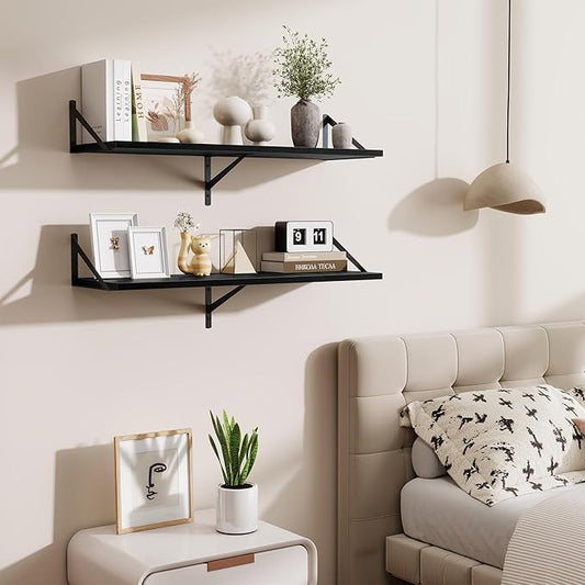 Acovy Black Deep Floating Shelves for Wall,36" Wx10 D Wood Wall Shelves with Metal Brackets,Hanging Storage Floating Shelf for Living Room,Bedroom,Bathroom,Office,Kitchen