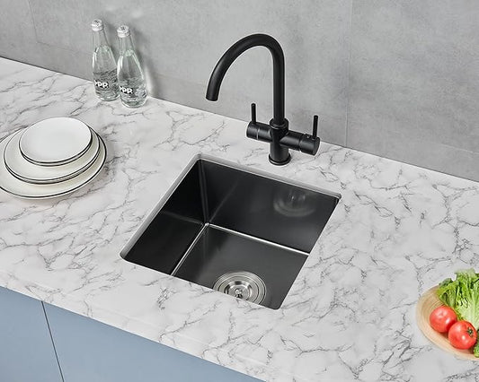 MENATT 15 x 15 Inch Black Undermout Kitchen Sink, 304 Stainless Steel Handmade Single Bowl Small Kitchen Bar or Prep Sink, D15"xW15"xH8"