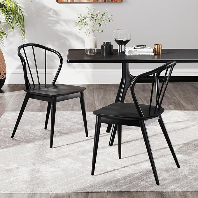 Giantex Wooden Dining Chairs Set of 4, Black Windsor Kitchen Chair w/High Spindle Back & Rubber Wood Legs, Wide Seat & Curved Backrest, Farmhouse Side Chairs, Armless Accent Chair for Home Restaurant