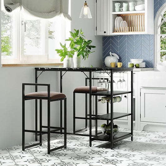 5-Piece Metal Dining Room Furniture Set with Marble Dining Table and 2 Stools/1 Kitchen Island/1 Wine Rack Table, Ideal for Small Small Apartment, Studio (Black + Metal-1)