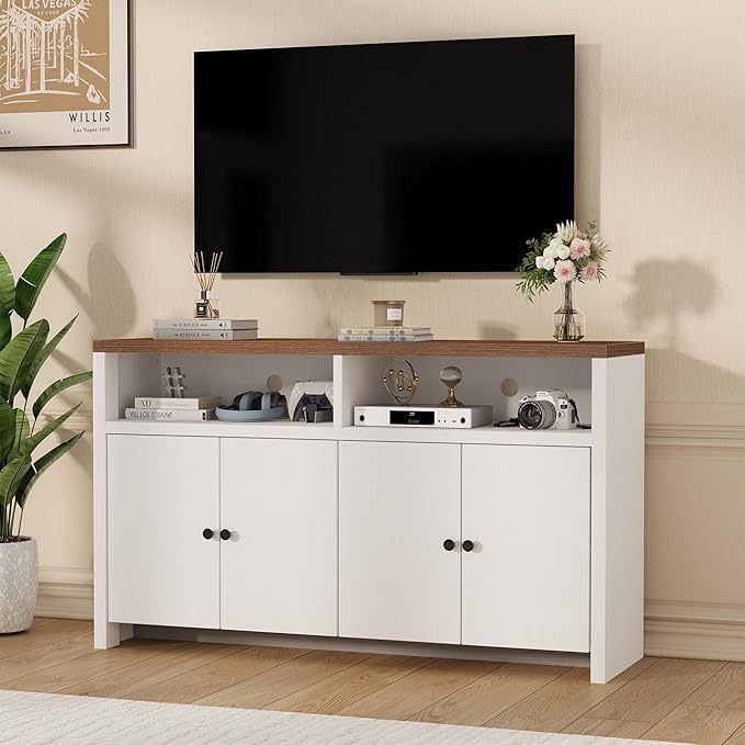 IDEALHOUSE Sideboard Buffet Cabinet with Storage, 55" Large Farmhouse Kitchen Storage Cabinet with 4 Doors & Adjustable Shelves, Wood Coffee Bar Cabinet for Kitchen, Dining Room, Living Room, White