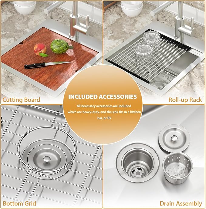 Mocoloo 15 Inch Bar Sink with Faucet, 16 Gauge Drop in Workstation Sink - 15x17x9" Stainless Steel Single Bowl Small Prep Kitchen Sink with Pull-Out Faucet