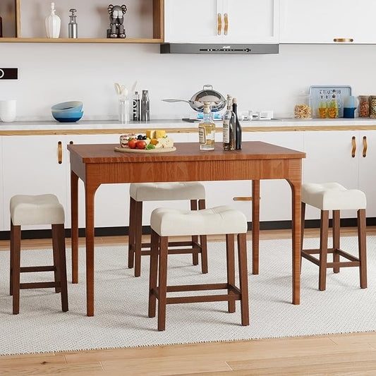 Giantex 24" Bar Stools Set of 4, Upholstered Counter Height Saddle Bar Stools with Footrest and Wood Legs, Farmhouse Button Tufted Backless Barstools for Kitchen Island, Dining Room, Cafe, Beige+Brown