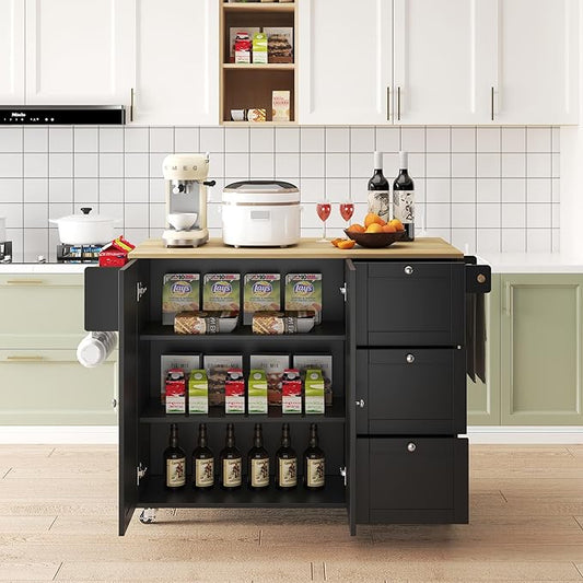 45.4" Rolling Kitchen Cart with Drop Leaf Top and Locking Wheels,Storage Cabinet and Adjustable Shelf,Mobile Kitchen Island with Spice Rack and Towel Bar,Drawers and Hooks (Black@q)