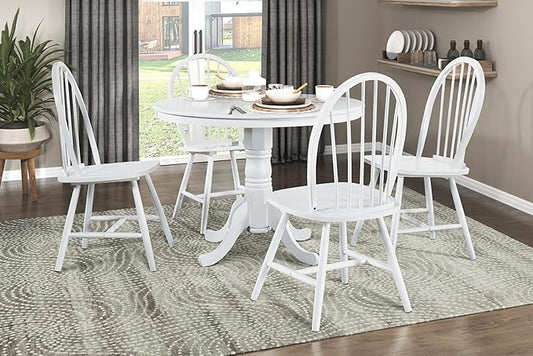 White Finish Round Dining Table 4-Seater, Casual Farmhouse Kitchen Island Table