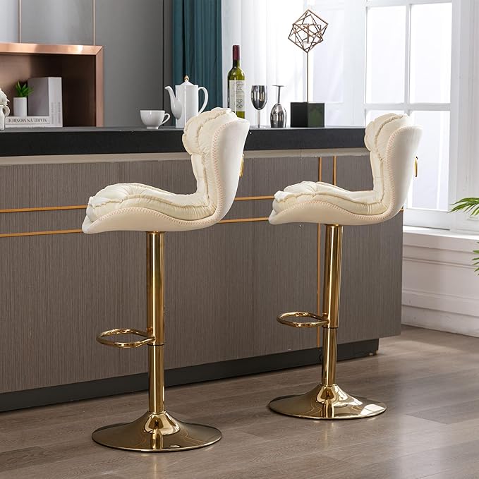 Rhomtree 24-33 Inch Swivel Bar Stools, Adjustable Counter Height Barstools, Velvet Back and Golden Footrest, Bar Chairs for Kitchen Island, Cafe, Bar, Bar Counter, Dining Room, Coffee(Cream Set of 4)