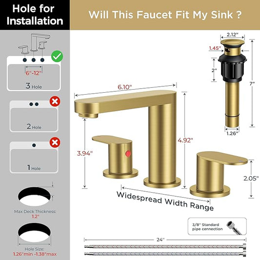 QFN Brushed Gold Bathroom Faucets 3 Hole, 8 inch Widespread Bathroom Faucet with Pop Up Drain and 24" cUPC Supply Hoses, Lead-Free Two Handles Suitable for 6-12 Inch RV, Restroom, Vanity Sink