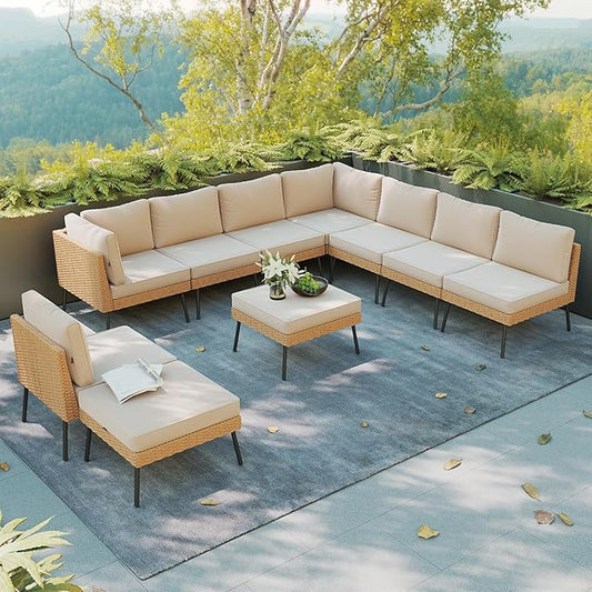 Aoxun 10 Piece Patio Furniture Set, 10 Seats Outdoor Sectional Sofas with Thick Cushion, Wicker Outdoor Patio Furniture Set with Ottomans for Party, Garden, Backyard, Beige