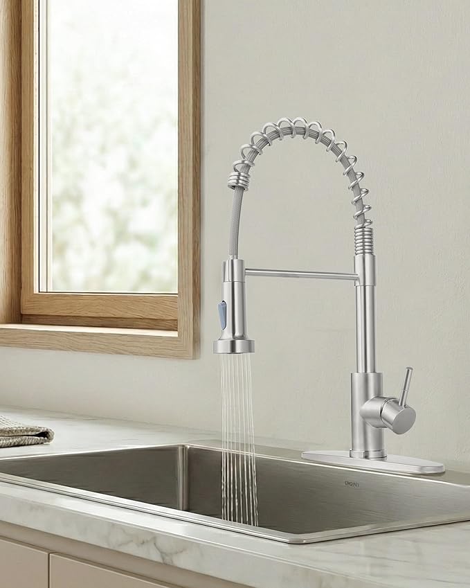 Kitchen Faucet with Pull Down Sprayer, Brushed Nickel Stainless Steel Commercial High Arc Spring Farmhouse RV Laundry Wet Bar Sink Faucet Single Handle Dual Function 1 or 3 Hole