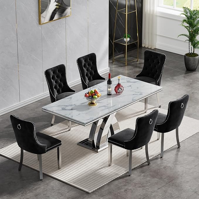 Modern Marble Dining Table for 4-6,White Dining Room Table with Silver X Stainless Steel Base,68" Rectangle Faux Marble Kitchen Table for 4-6 People,Luxury Dining Table for Living Room Home Office