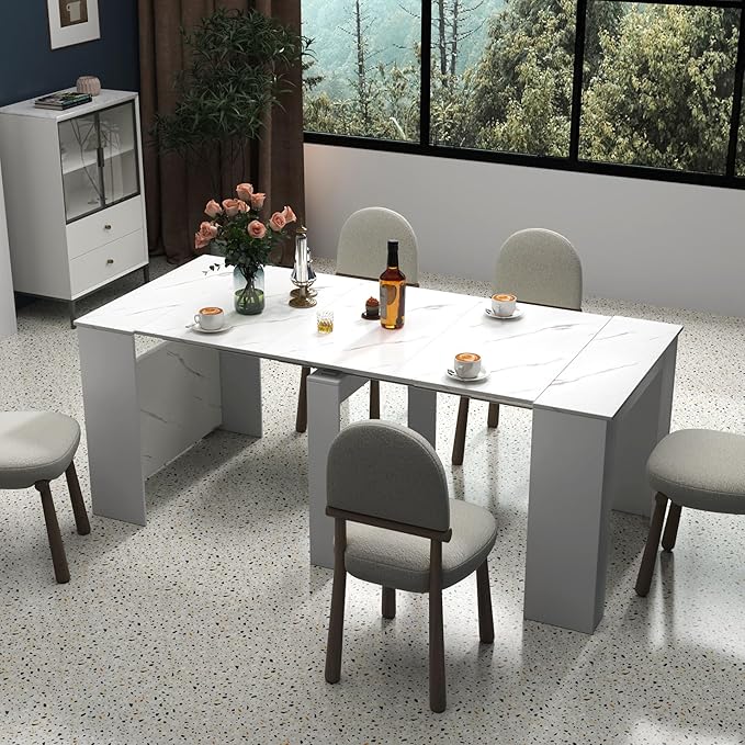 118.11" to 20.08" White Marble Extendable Dining Table for 10-12, 2 in 1 Expandable Dining Room Table MDF Modern Multifunctional Console Table for Living Room, Kitchen Small Space