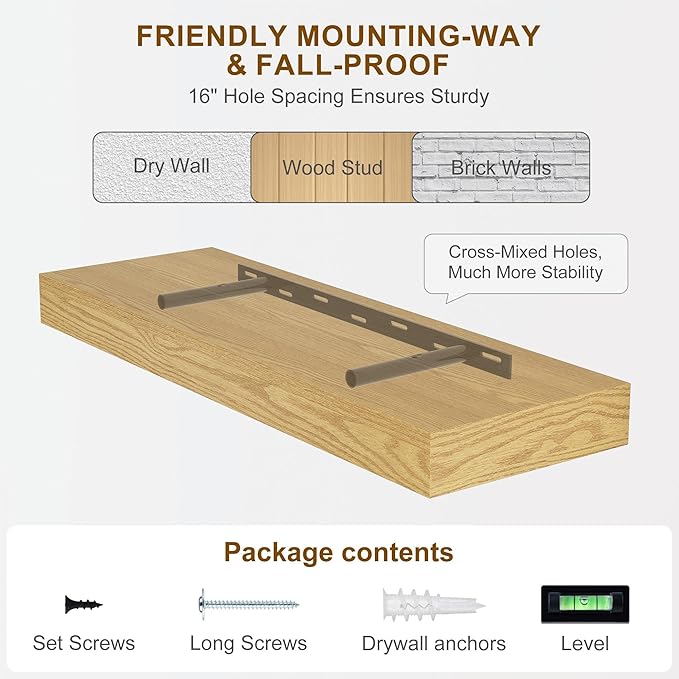 Fun Memories Floating Shelves for Wall, 32Inch Floating Shelves Set of 2, Hanging Shelf with Invisible Brackets, Wood Shelves for Living Room, Bedroom, Kitchen, Oak