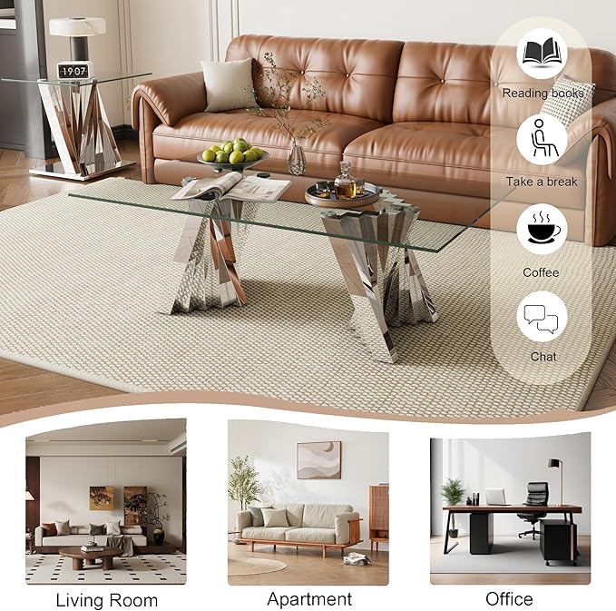 Glass Coffee Table, 51" Center Table with Tempered Glass Tabletop and Mirror Finish Stainless Steel Legs, Modern Rectangular Tea Table for Living Room, Office, Apartment
