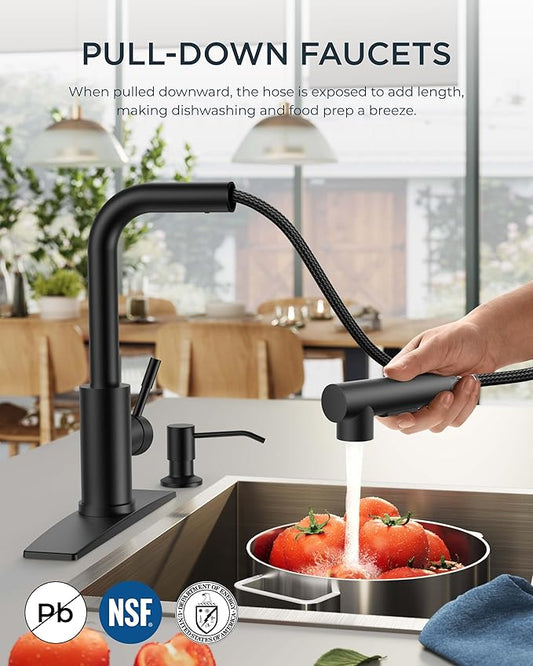 FORIOUS Black Kitchen Faucet with Soap Dispenser, Stainless Steel Sink Faucet with Pull Out Sprayer Modern Single Handle Suitable for Bar RV Farhouse Laundry Outdoor