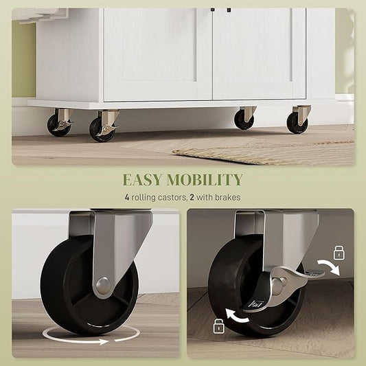 GOWE Kitchen Island with Storage, Rolling Kitchen Cart with AC Outlets and USB Ports, Microwave Stand with Towel and Spice Rack, White