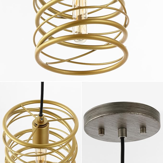 JONATHAN Y 7.25" Gold 1-Light Modern Iron Spiral LED Pendant Light for Kitchen Island, Glam Hanging Ceiling Fixture for Bedroom Dining Room, Metal Painting Shade, LED Bulb Included JYL7910A