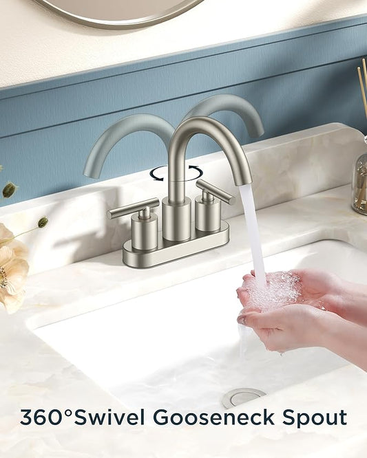 FORIOUS Brushed Nickel Bathroom Faucet 2 Hole, 4 Inch Centerset Bathroom Sink Faucet Brushed Nickel with Pop-up Dain, 24" CUPC Hoses, 360ยฐ Swivel Gooseneck for RV Basin