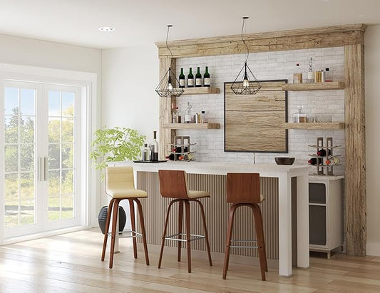 Vienna 30" Swivel Bar Stool in Walnut Wood Finish with Cream Faux Leather - Set of 3