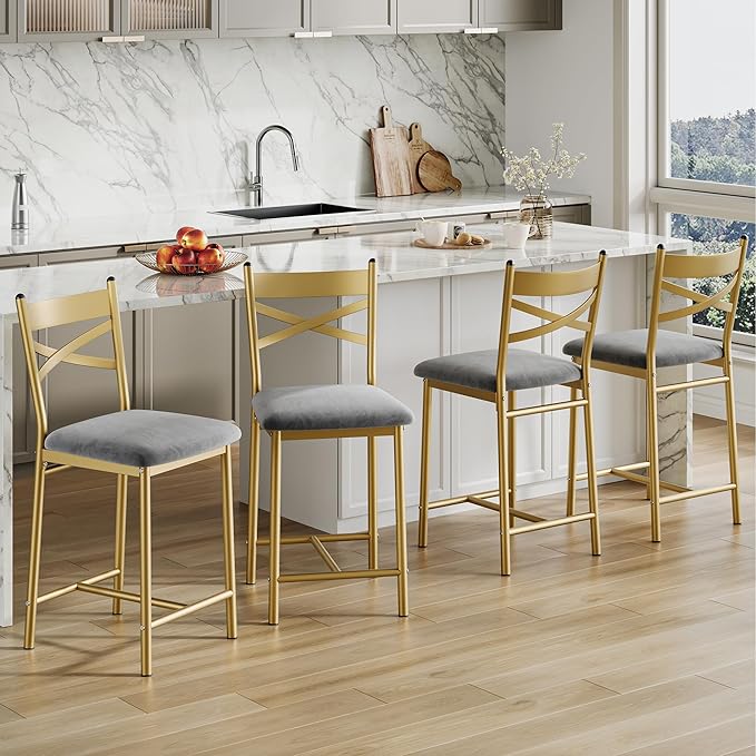 Bar Stools Set of 4, Counter Height Bar Stools with PU Upholstered Seat & Back – Modern Kitchen Island Bar Chairs with Footrest for Apartment & Dining Bar, Gold