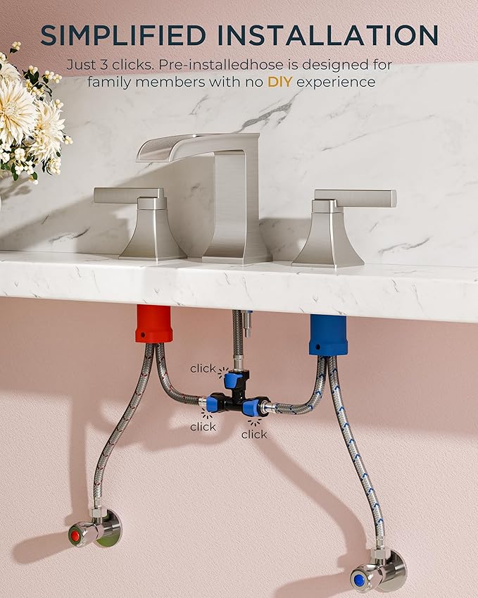 FORIOUS Brushed Nickel 3 hole bathroom faucet, 8" Widespread bathroom sink faucet Waterfall for 4"-16" Sinks, 2 Brass Handle for Vanity with Metal Drain Stopper and CUPC Pre-Installed Hose System