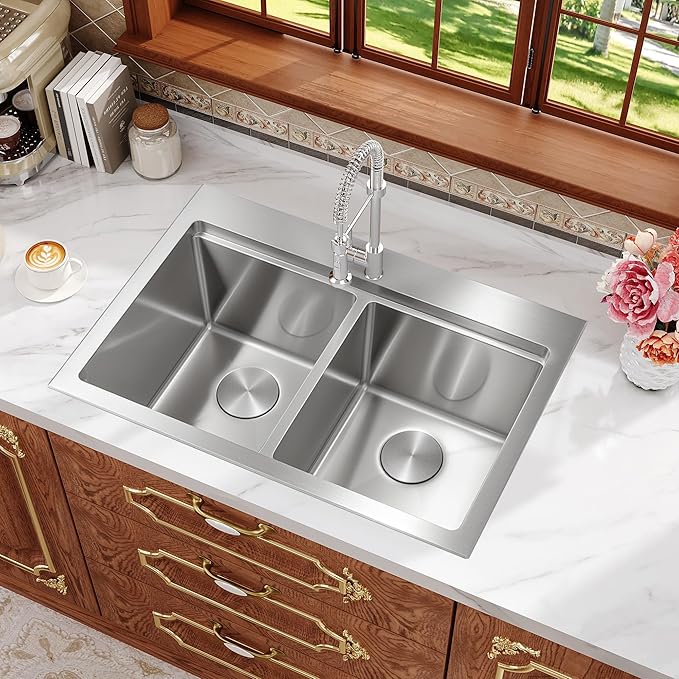 Rhbamoa Double Bowl Drop In Kitchen Sink 31 Inch,16-Gauge T304 Stainless Steel Topmount Kitchen Sink,50/50 Double Bowl Kitchen Sinks,10 Inch Deep Sinks with All Accessories, Brushed Finish