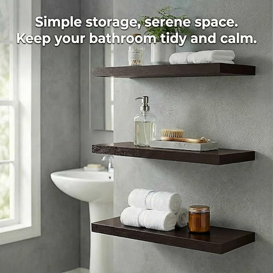 SAUMONIERES Floating Shelves Wall Shelf Solid Wood for Bathroom Bedroom Kitchen Set of 3, Espresso Wall Shelves