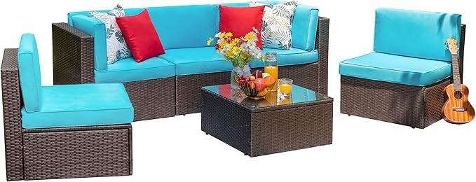 Vongrasig 6 Piece Small Patio Furniture Sets, Outdoor Sectional Sofa All Weather PE Wicker Patio Sofa Couch Garden Backyard Conversation Set with Glass Table,Blue Cushions and Red Pillows (Blue)