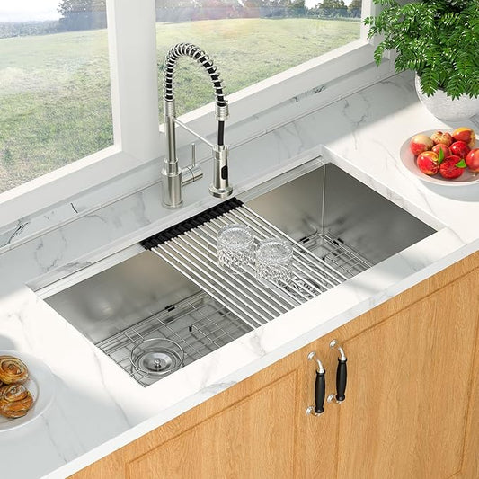 36 Inch Double Bowl Kitchen Sink - Mocoloo 36 x 19 Undermount Kitchen Sinks Workstation 16 Gauge Stainless Steel 60/40 Double Sink Handmade with 2 Compartment Sinks