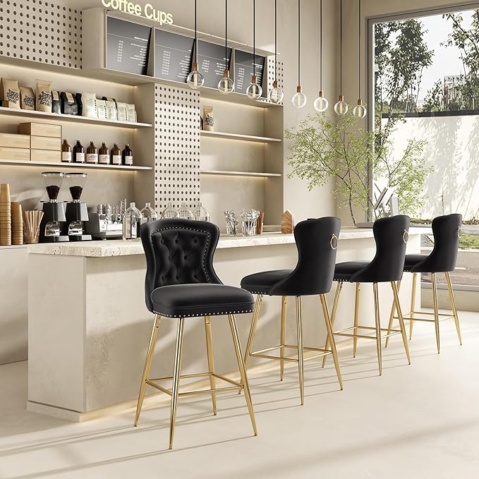 Bar Stools Set of 2, Velvet Counter Height Bar Stools with Metal Legs, Button Tufted and Nailheads Trim, Wing Back Bar Chairs for Kitchen Island Dining Room Pub,Black