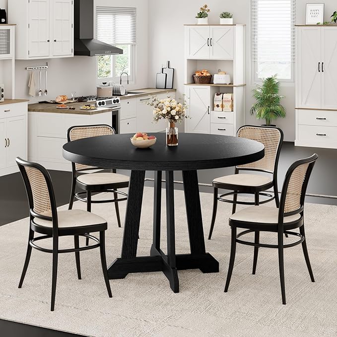 IDEALHOUSE Round Dining Table for 4, 47 Inches Dining Room Table with Wooden Base, Kitchen Table with Circle Tabletop, Dinner Table for Dining Room, Kitchen, Living Room, Black