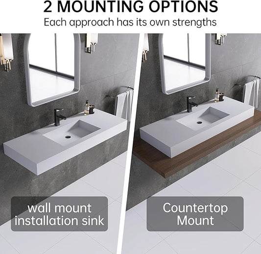 47" Wall Mount Sink Matte Bathroom Vanity Vessel Sinks Artificial Stone Rectanglee Indoor Outdoors Modern Floating or Countertop Freestanding Wall Hang Sink Bowl… (single Holes 47'')…