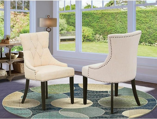 East West Furniture FRP1T02 Friona Parson Dining Room Chairs - Button Tufted Nailhead Trim Light Beige Linen Fabric Padded Chairs, Set of 2, Black