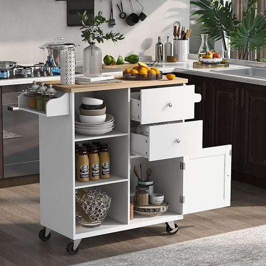 Fashion Store Kitchen Island Cart with Rubber Wood Top and 2 Drawers,4 Wheels and 3 Open Shelves,for Kitchen,Dining Room,Bathroom,Living Room (White@E)