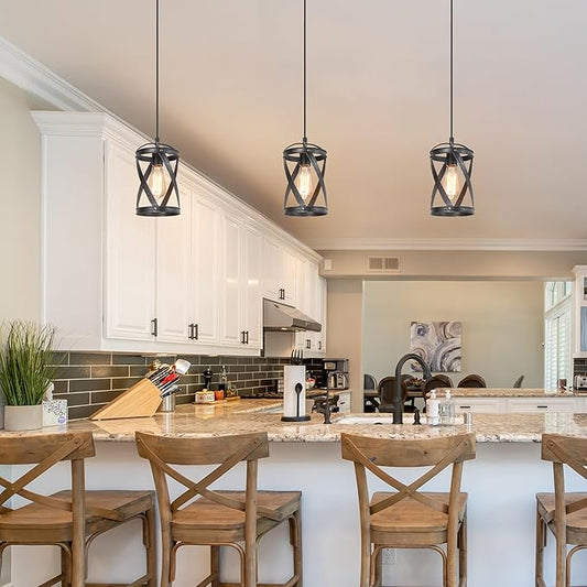 LOG BARN Farmhouse Cage Pendant Light Fixtures, Rustic Industrial Hanging Pendant Lighting with Brushed Finish for Kitchen Island, Foyer, Hallway, Bedroom and Entryway