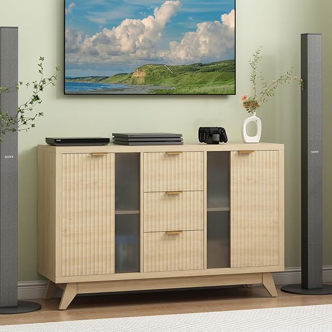 Fluted Sideboard Buffet Cabinet with Storage, 47" Modern Mid Century Coffee Bar Storage Cabinet with Doors and Drawers, Narural Oak
