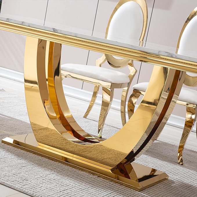 Modern Dining Table for 6-8, 68 Inch White Marble Kitchen Dining Room Table with Gold Mirrored U-Shape Base, Luxurious Rectangular Faux Marble Dinner Table for Dining Room,Living Room