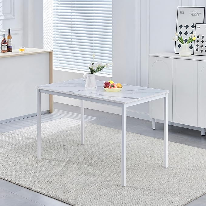 47 Inches White Faux Marble Dining Table for 2-4 People, Modern Rectangular Kitchen Table for Dinner Table for Dinner(MDF Top with Metal Legs and Frame