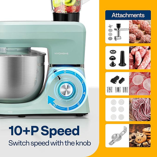 VIVOHOME 6-in-1 Stand Mixer, 8.5 Quart Electric Tilt-Head Kitchen Mixer with Bowl, Multifunctional Food Mixer for Cake, Bread, and Dough, with Meat Grinder, Blender, Pasta Maker Attachments, Blue