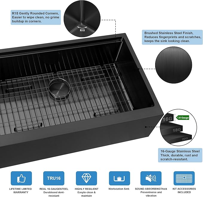 30-Inch Farmhouse Kitchen Sink, 16 Gauge Stainless Steel Farm Sink, Undermount Single Bowl, Brushed Finish, Deep Basin, Workstation Design with Accessories (Black, 30" x 22" x 10")