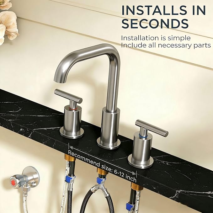FORIOUS Brushed Nickel Bathroom Faucet for 3 Hole, Widespread Bathroom Sink Faucet with Pop Up Drain and Hoses, for Vanity Restroom RV Lavatory, 360° Rotatable Spout